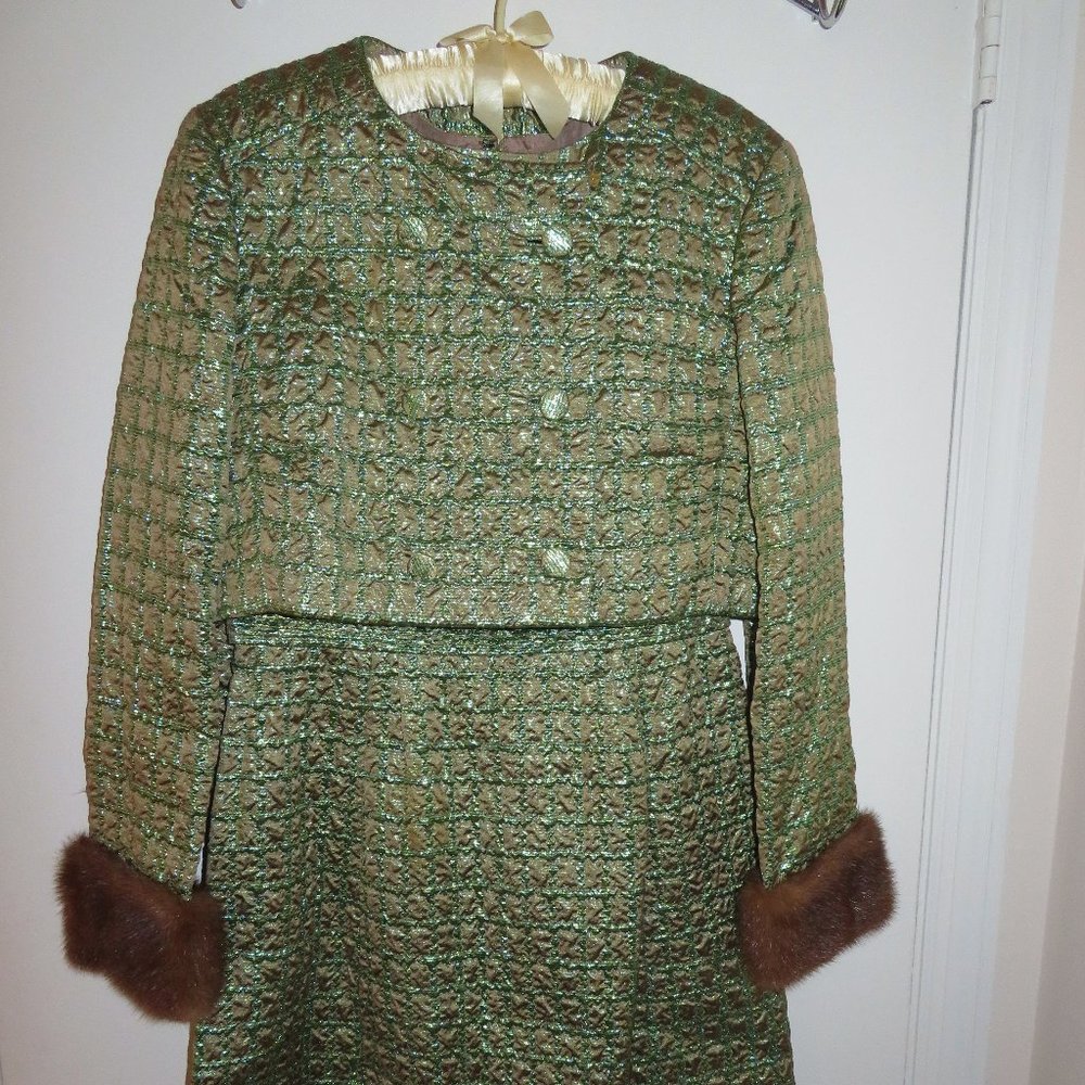 Jean Louis Scherrer Vintage Origninal Green Lame' Dress Suit Genuine Mink Cuffs